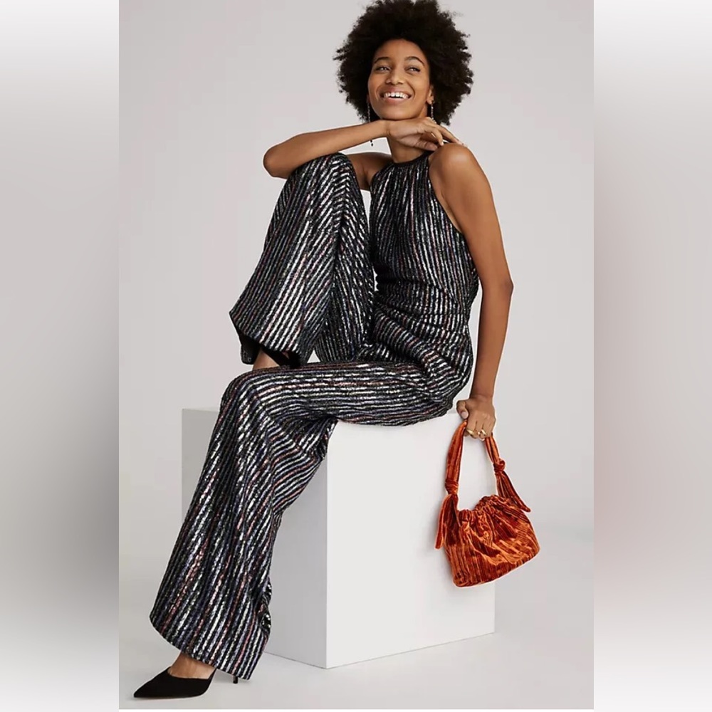 COPY - Anthropologie Maeve Disco Halter Neck Jumpsuit Rainbow Sequin Wide Leg S…